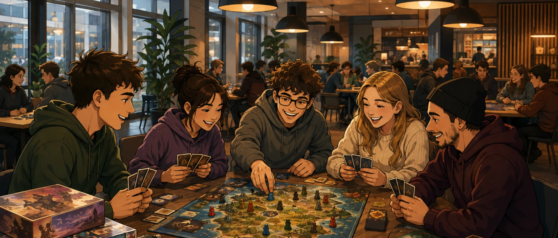 Friends get together for game night, immersing themselves in a strategic board game while snacks and drinks are within reach—creating an atmosphere of camaraderie and shared enjoyment.