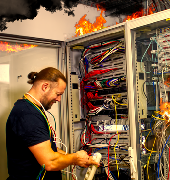 Picture shows person plugging in cables at network cabinet.