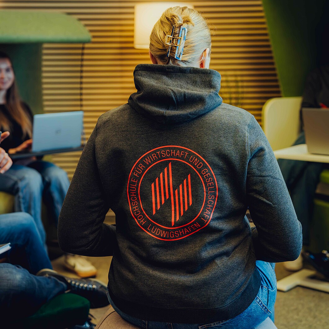 Rückenansicht Studierende mit Hoodie der HWG LU
