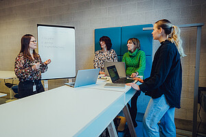 4 Personen um einen weißen Tisch mit Flipchart im Hintergrund