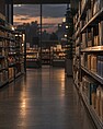A trip to the supermarket at sunset, with the grocery shelves lit up.