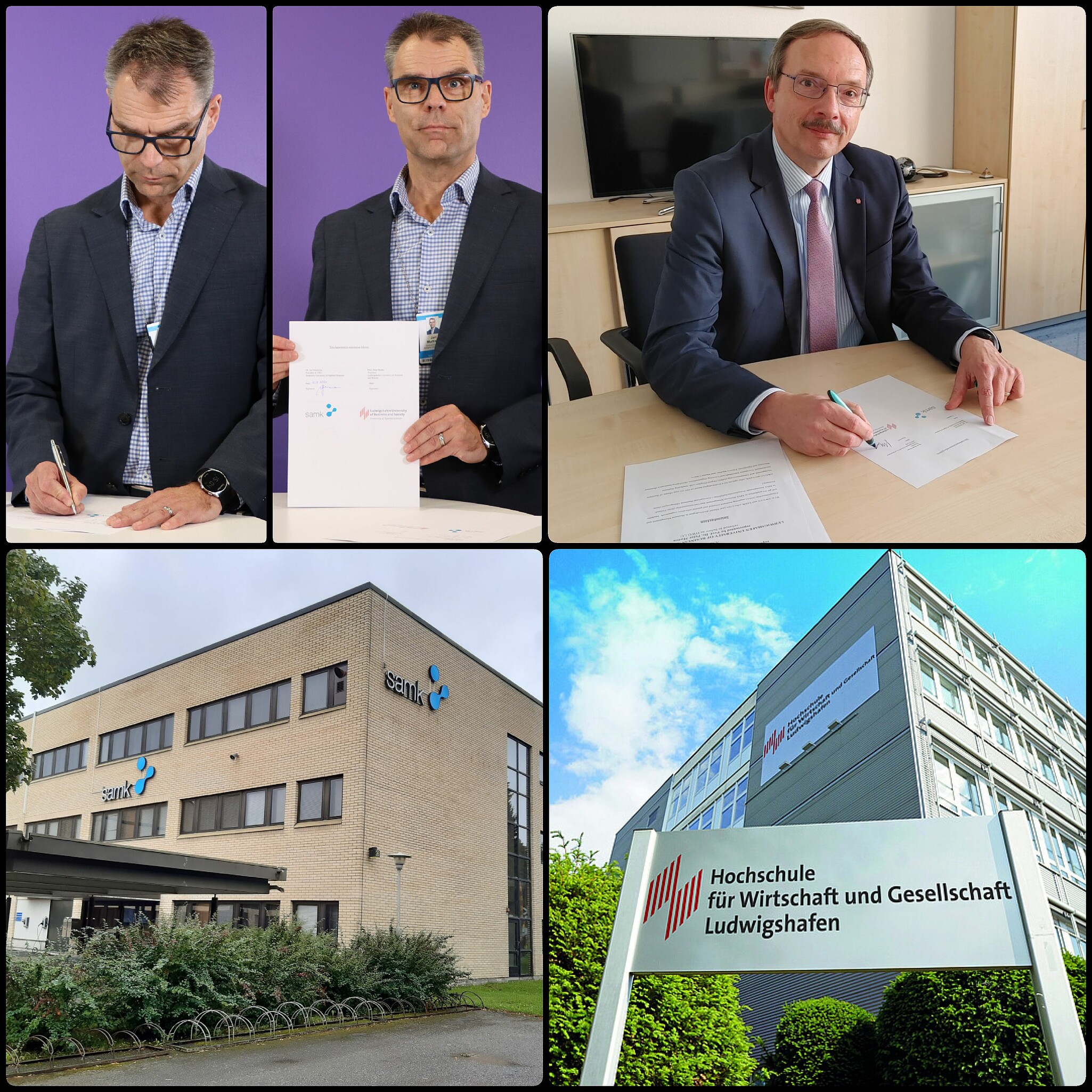 Juri Multisilta, Präsident der Satakunta University of applied sciences, Finnland, und Hochschulpräsident Peter Mudra von der HWG LU bei der Unterzeichnung der Kooperationsvereinbarung (Bild: HWG LU)