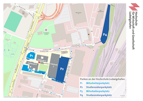Schauplan "Parken an der Hochule". Auf einer Gebietskarte sind die Parkplätze der Hochschule angezeigt.