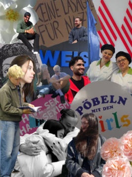 Bildercollage mit politischen Botschaften und Szenen aus der Hochschule