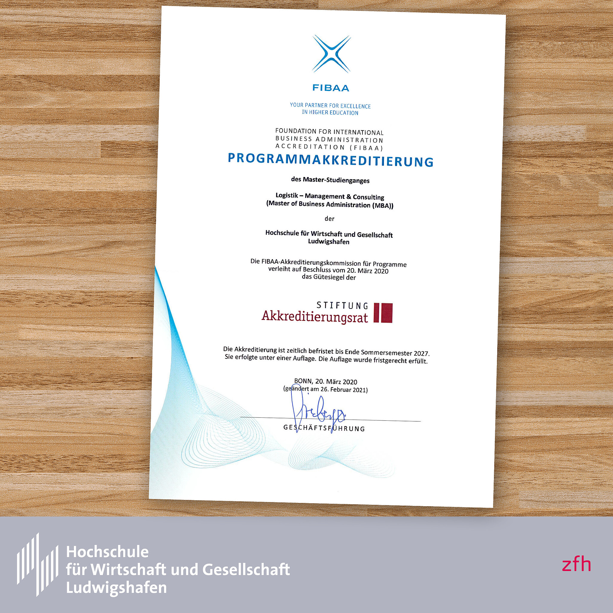 Certificate for the successful reaccreditation of the distance learning program Logistics - Management & Consulting (MBA) (Image: zfh)