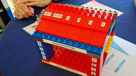 The megatrend topic that HWG LU brings to the EMPOWER joint project is called New Work. The basic framework conditions of a modern working world could be visualized at the Mainz Science Market with the help of Lego Duplo bricks and put together in a meaningful way in the form of a house with a foundation, load-bearing walls and a roof (Photo: Vera Kaufmann / © Mainz University of Applied Sciences).