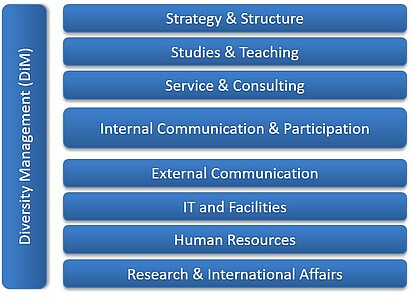 The university’s fields of: Strategie & Structure, Studies & Teaching, Service & Consulting, Internal Communication & Participation, External Communication, IT & Facilities, Human Resources, Research and International Affairs