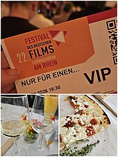 Collage aus VIP-Kinokarte, Weingläsern und Flammkuchen.