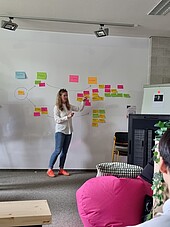 Frau beim Brainstorming vor zettelsammlung