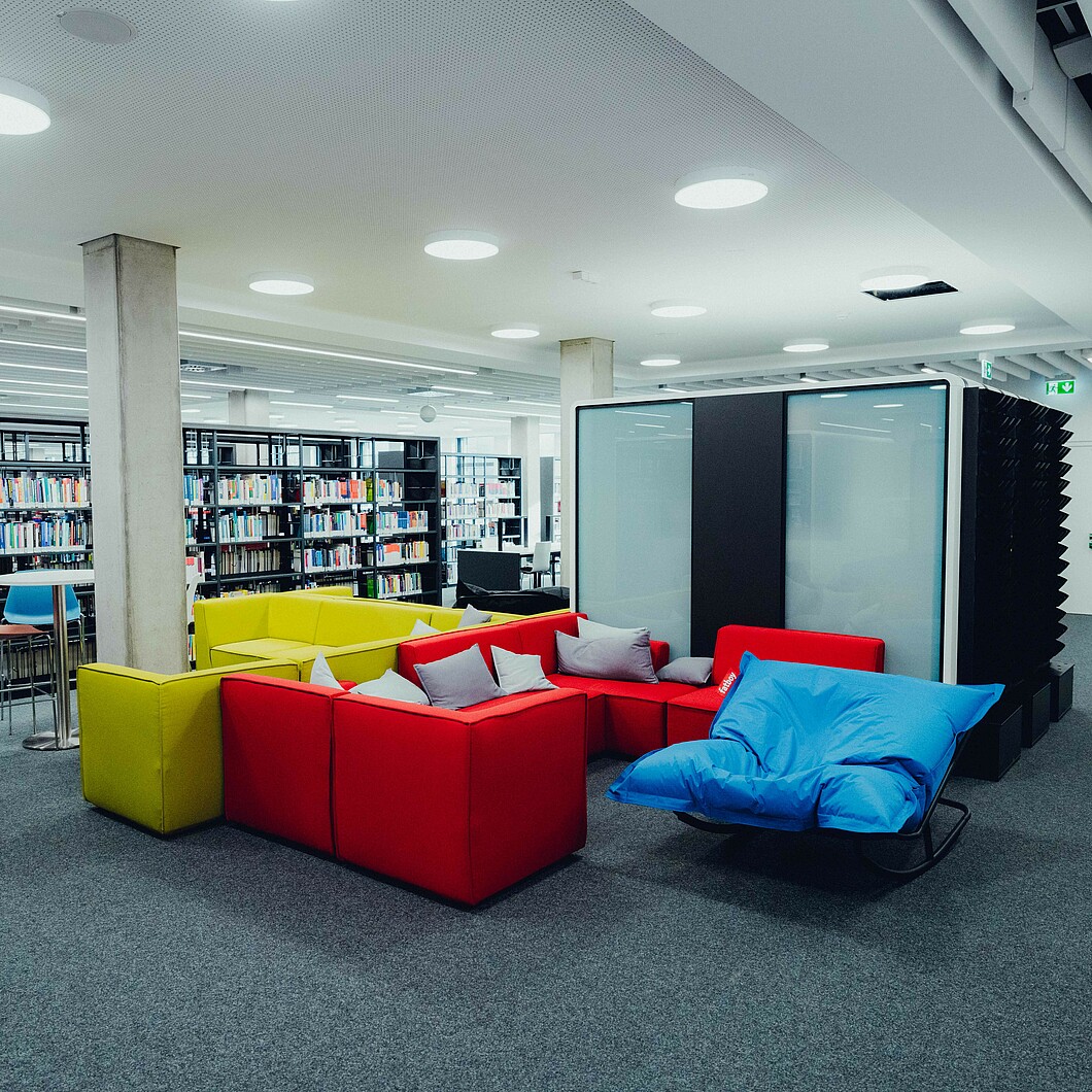 Library with colorful sofas